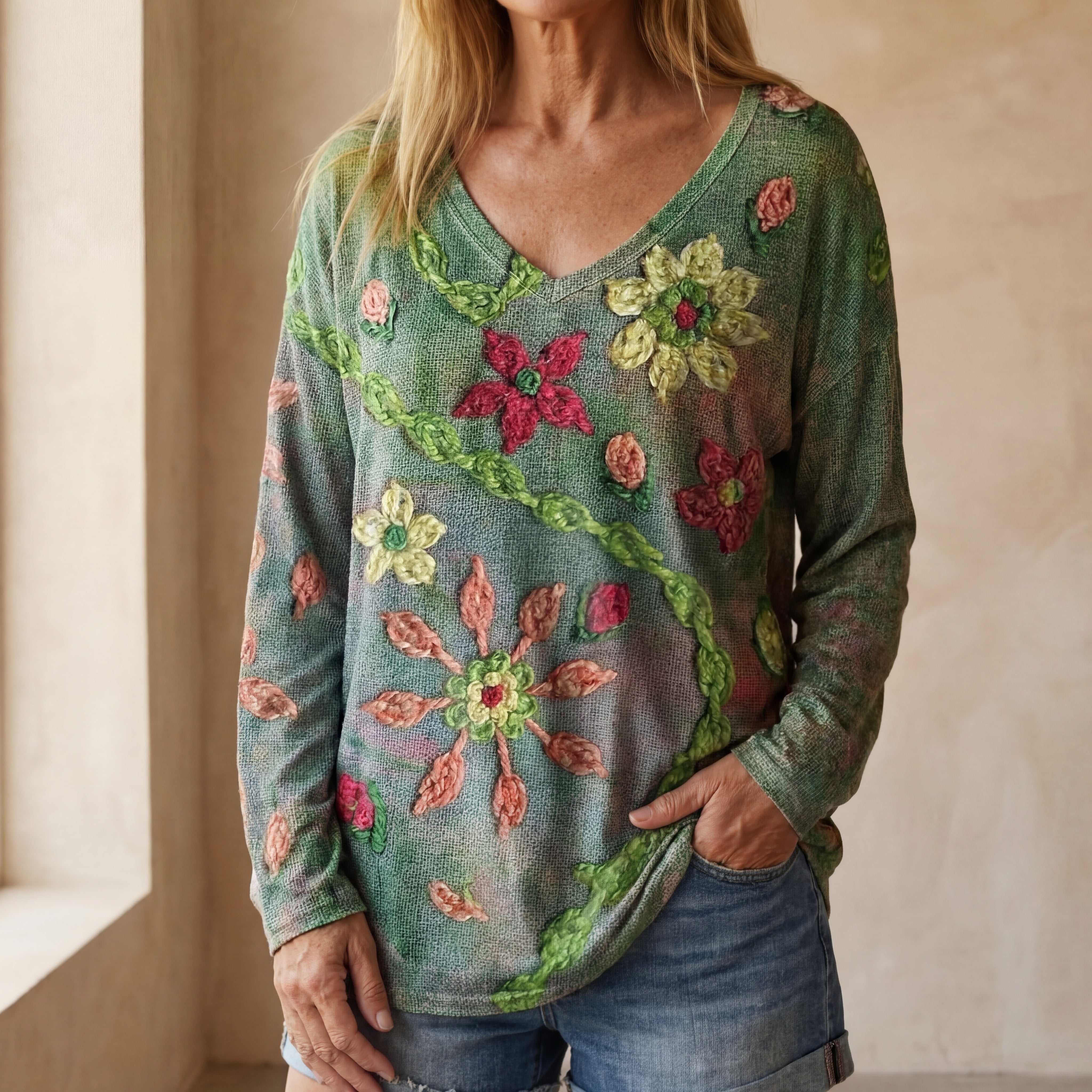 EDARA - COMFY BLOUSE WITH FLOWERS
