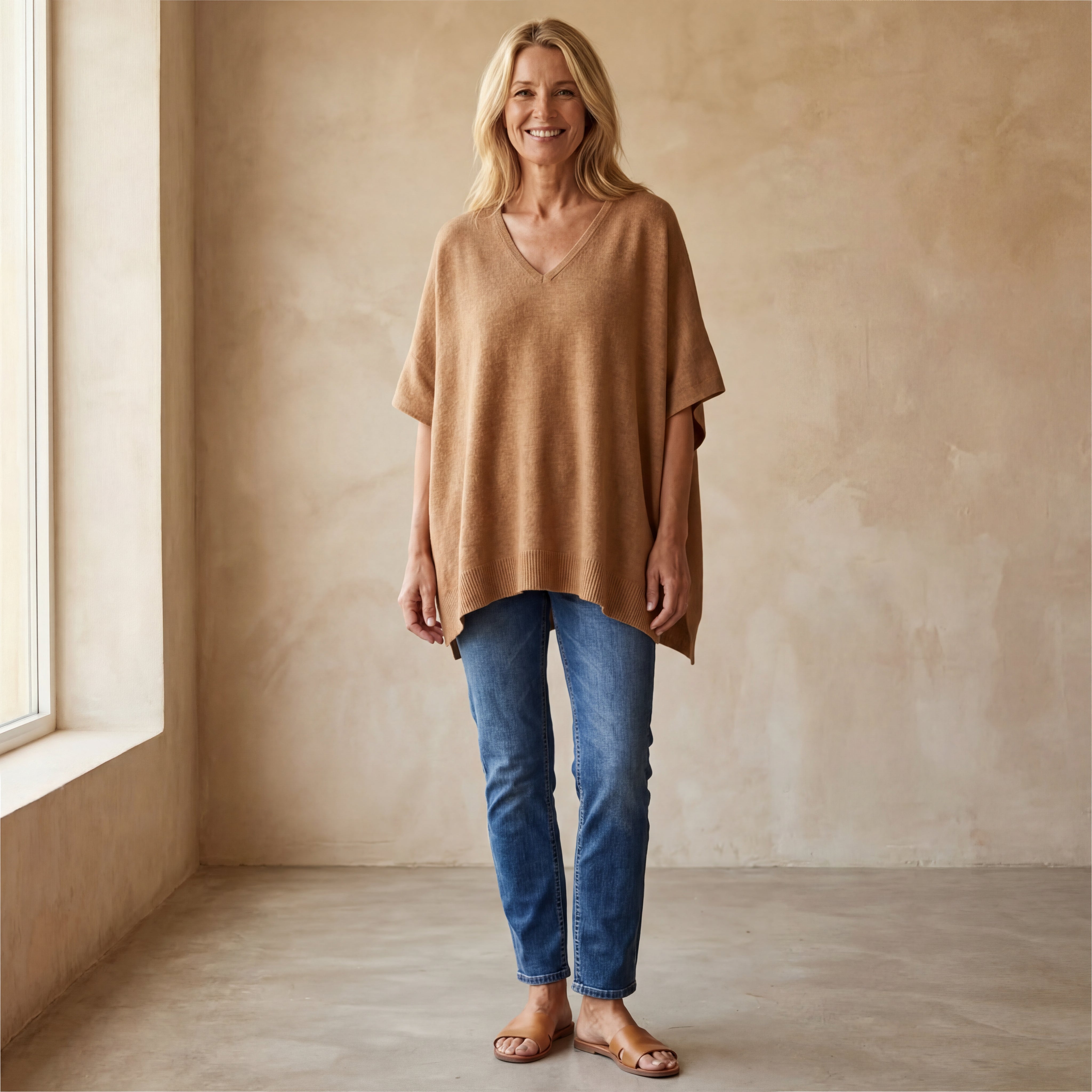 ERICA - V Neck Loose Fit Solid Poncho Sweater