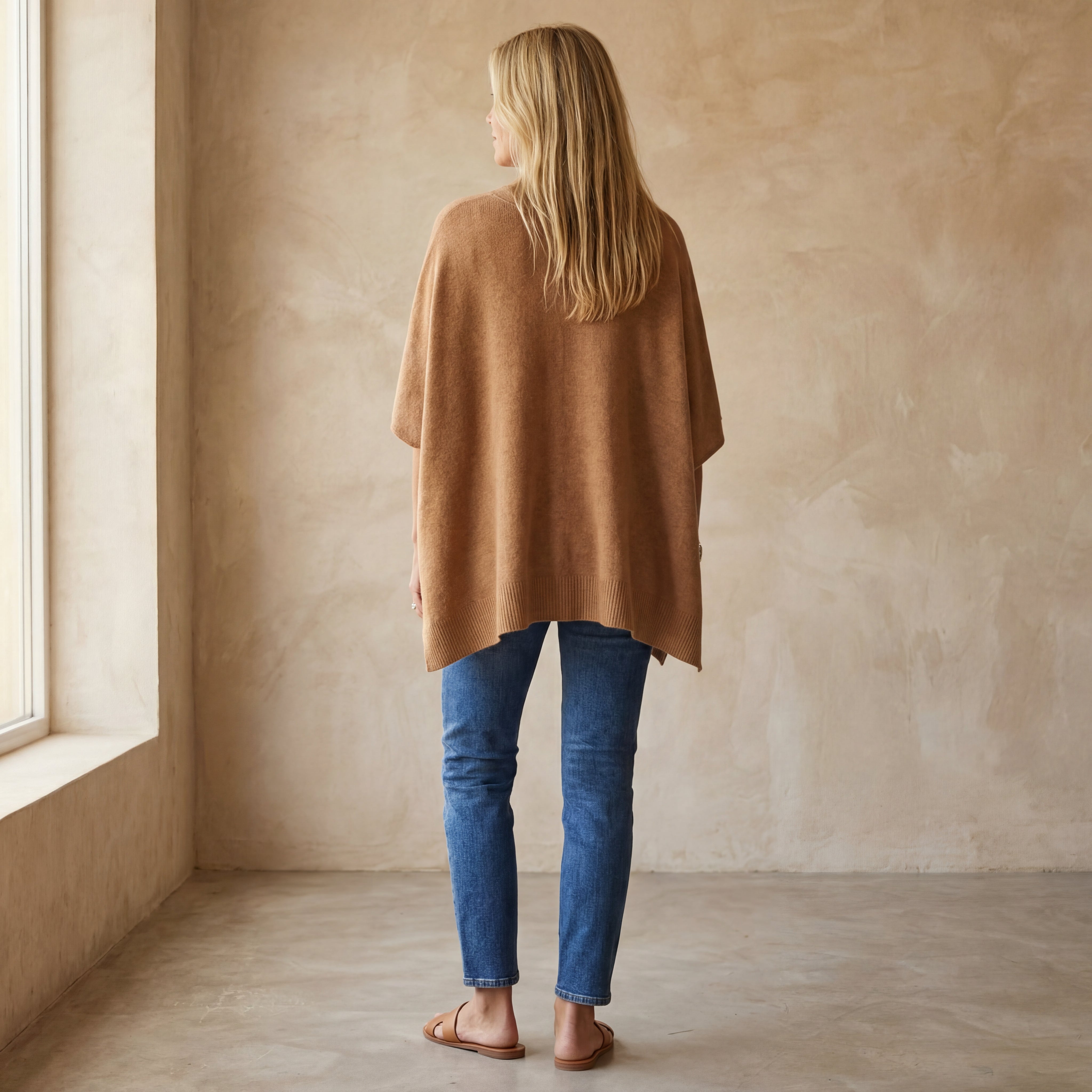 ERICA - V Neck Loose Fit Solid Poncho Sweater