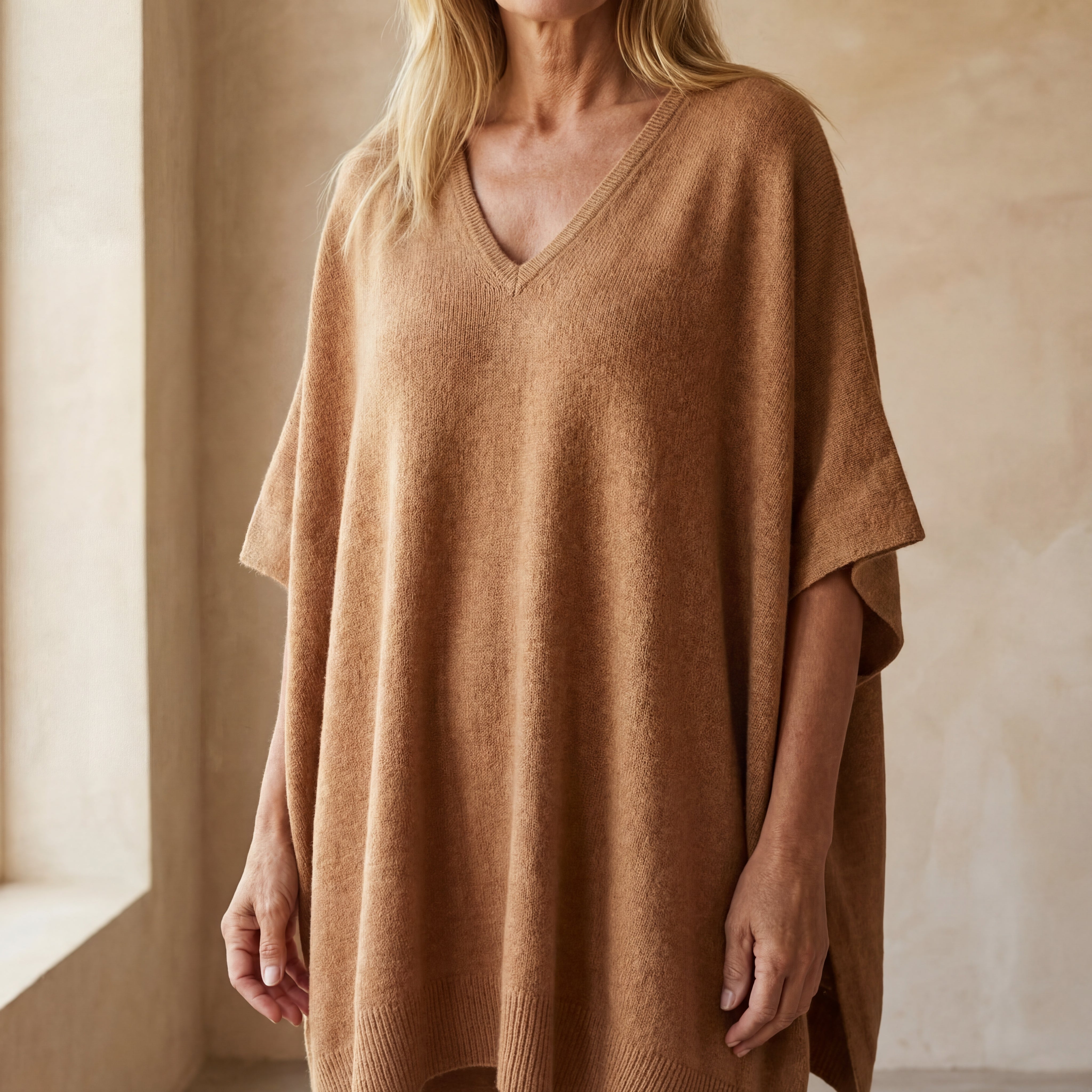 ERICA - V Neck Loose Fit Solid Poncho Sweater
