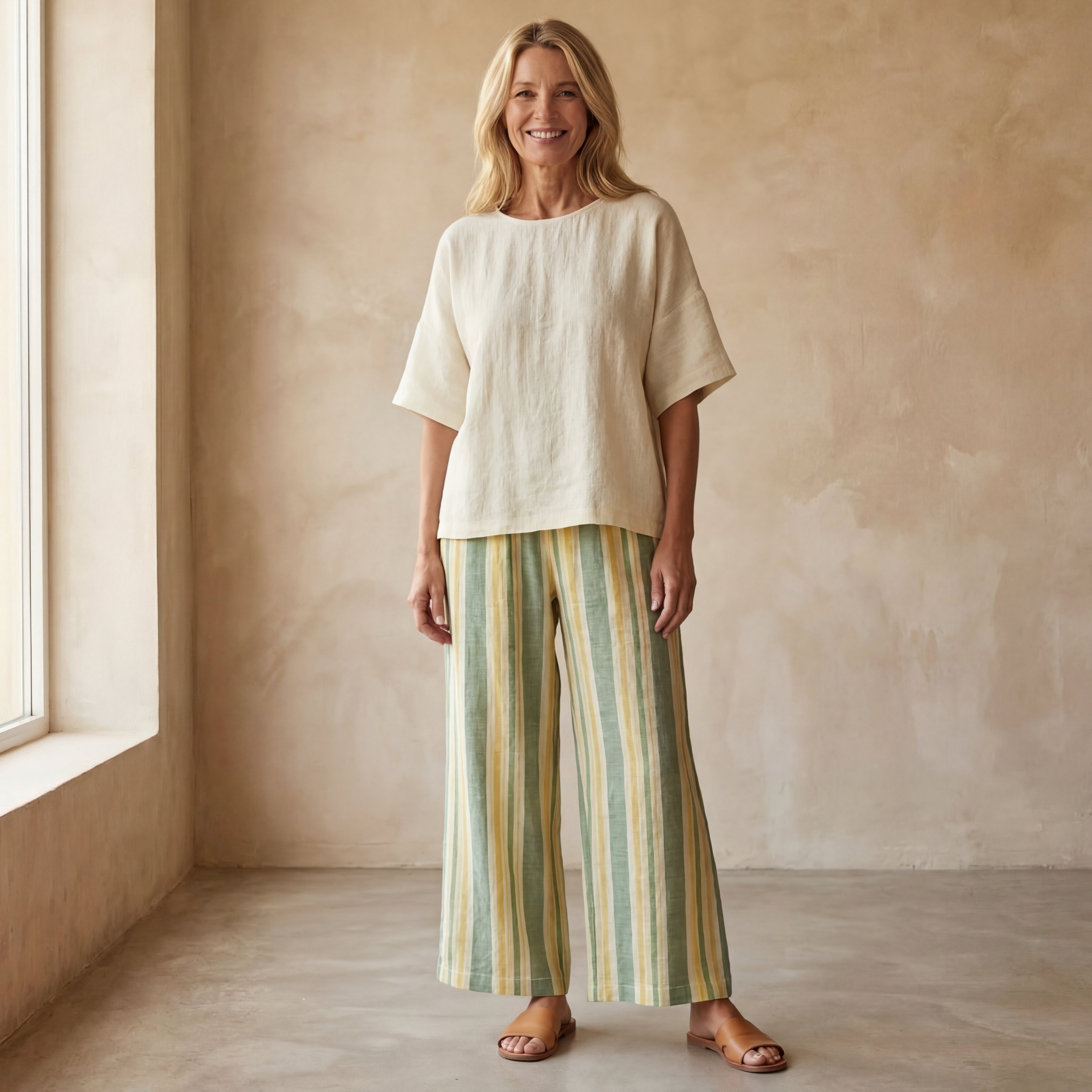 ELIDIA - Sophisticated Top & Striped Linen Pants