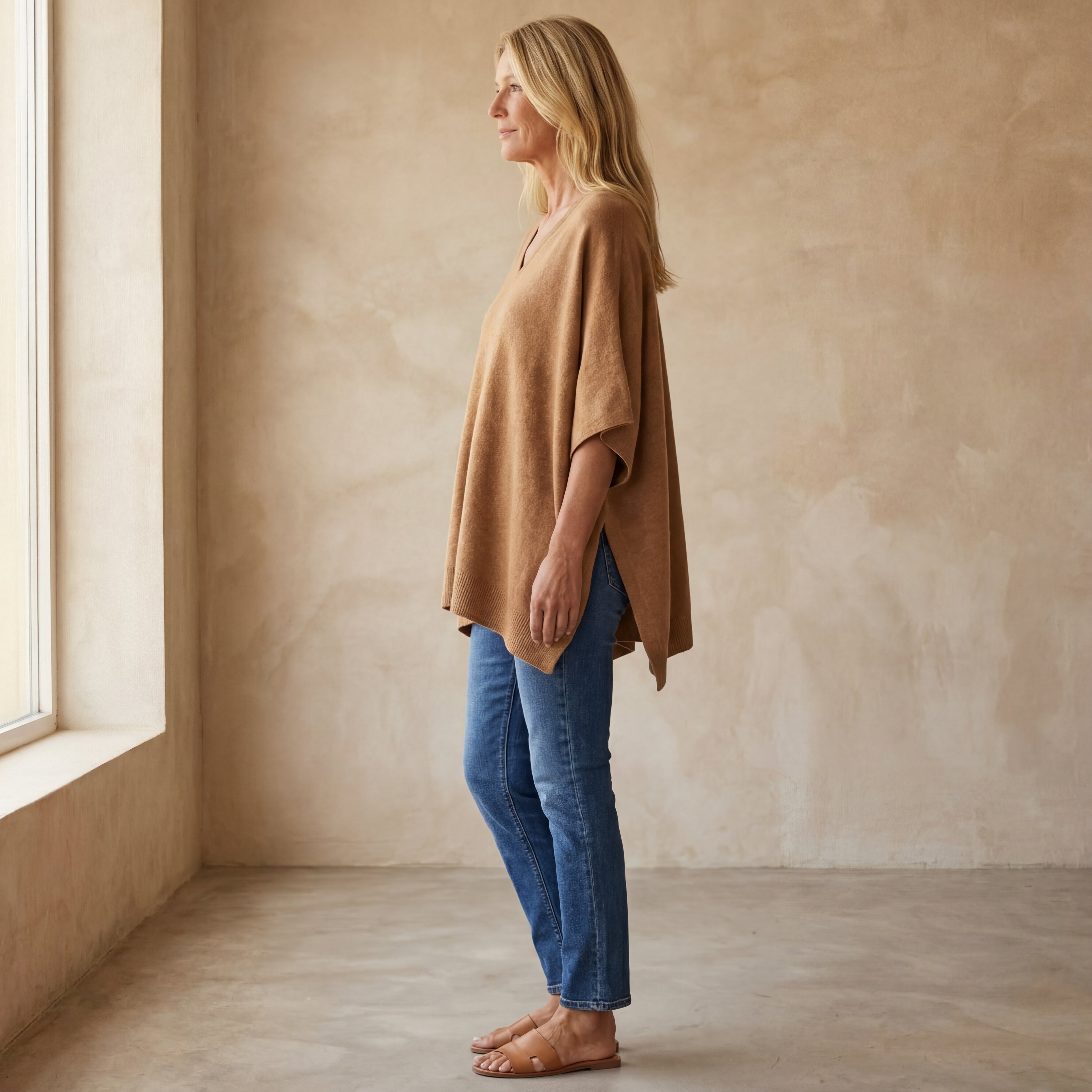 ERICA - V Neck Loose Fit Solid Poncho Sweater