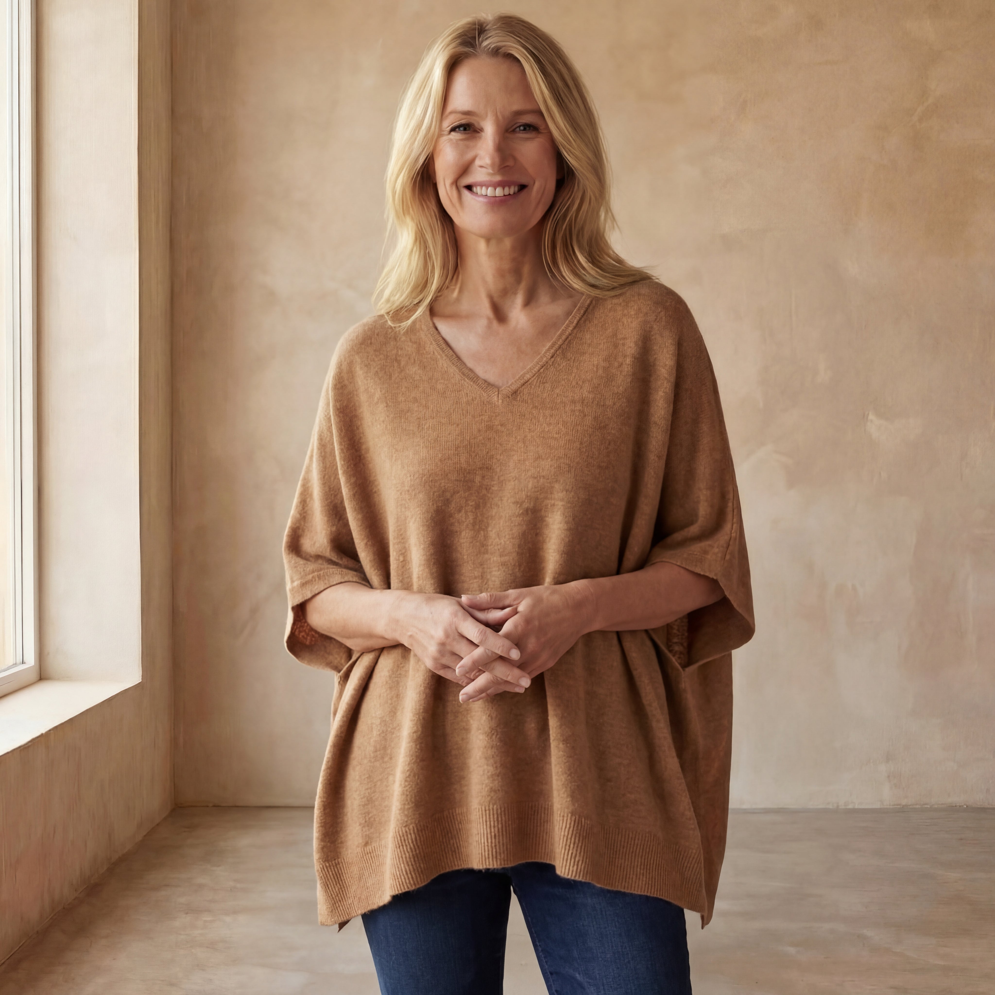ERICA - V Neck Loose Fit Solid Poncho Sweater