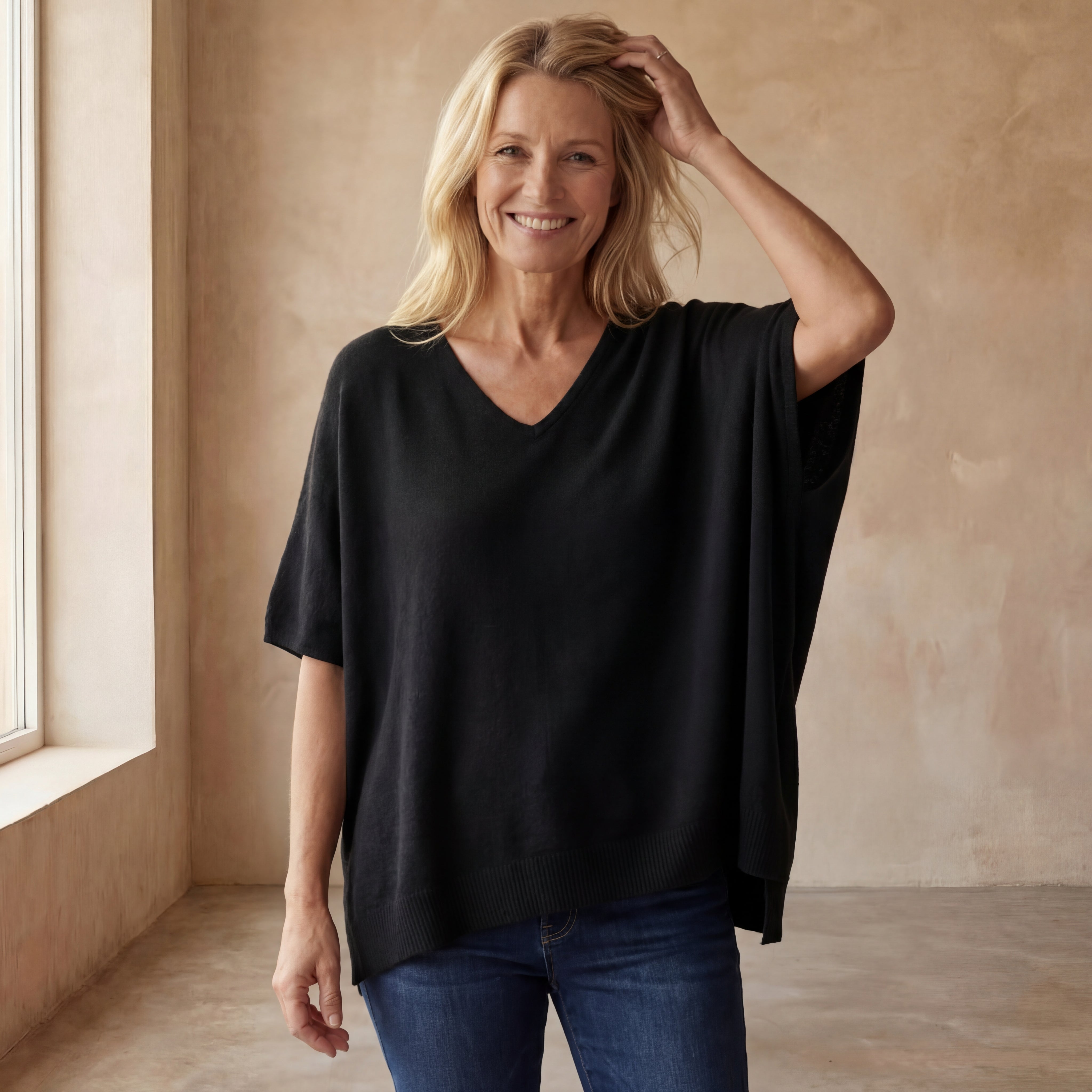 ERICA - V Neck Loose Fit Solid Poncho Sweater