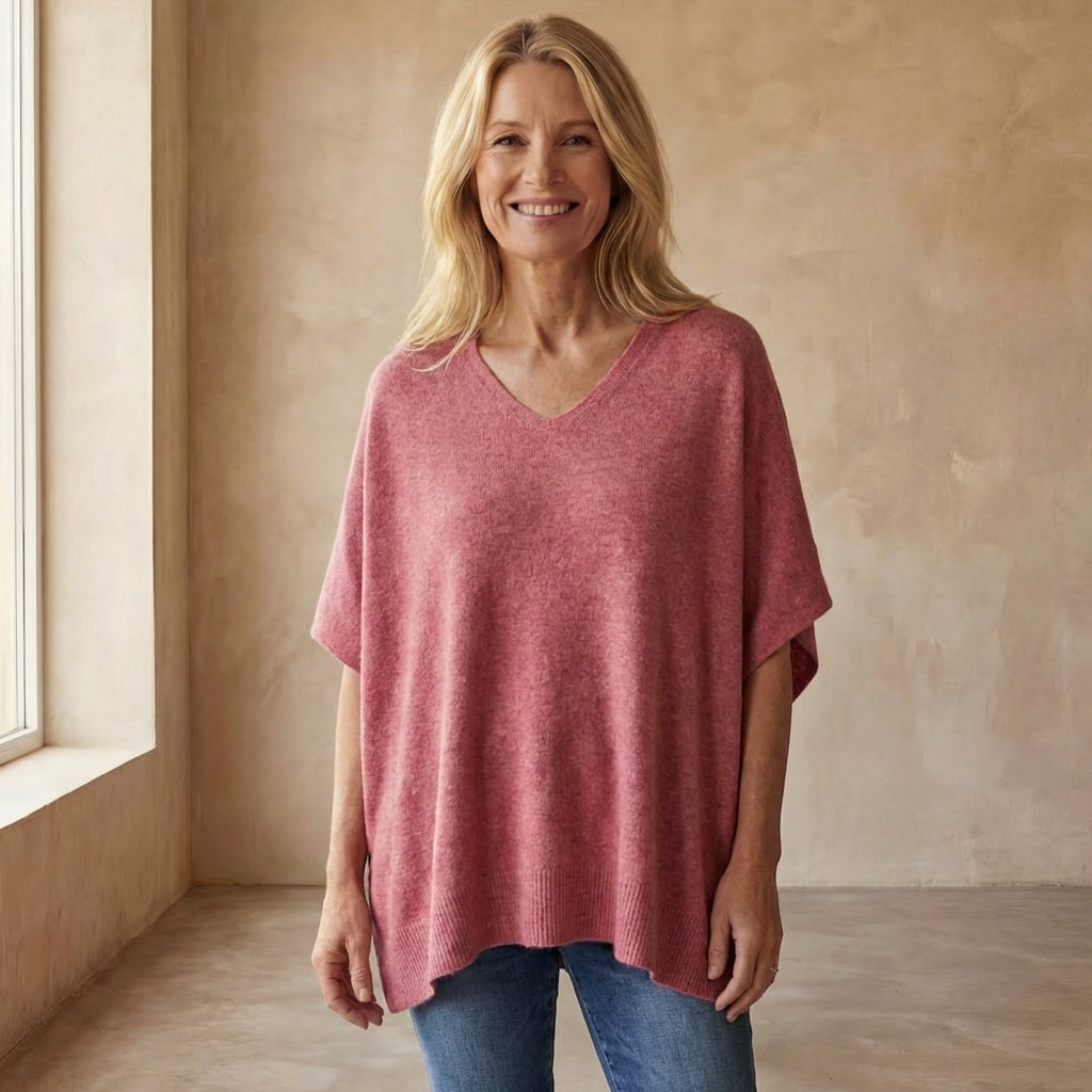 ERICA - V Neck Loose Fit Solid Poncho Sweater